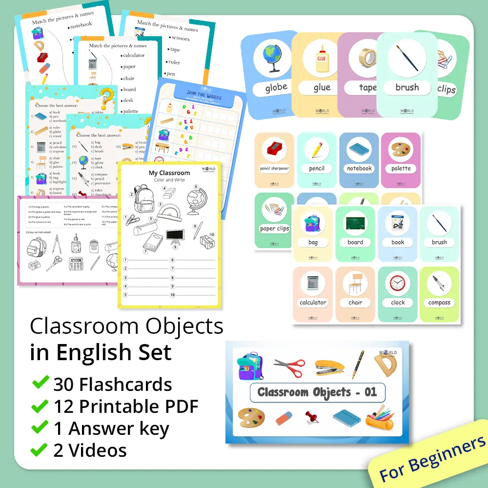Classroom Objects in English Set For Beginners